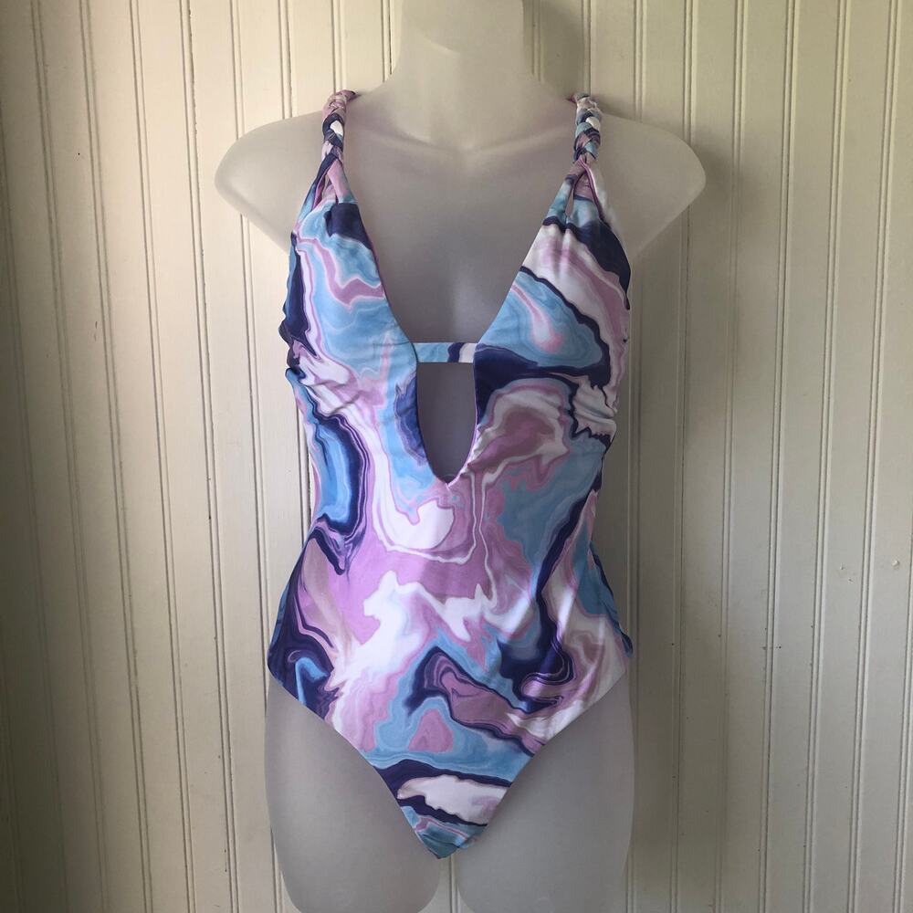 BECCA Retail $138 Blue Lavender Agate Braided Strap One Piece Swimsuit Size M